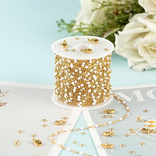 UMAOKANG 33 Feet Chains Bulk on Spool Gold Plated Stainless Steel White Bead Chain for Jewelry Making - color: Gold-White Enamel
