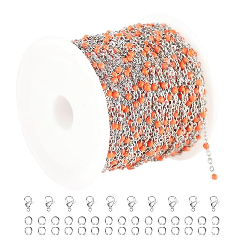 UMAOKANG 33 Feet Stainless Steel Jewelry Chains Bulk for Women Necklace DIY Orange Enamel Beaded Chain for Jewelry Making with Jump Rings and Lobster Clasps - color: Orange Bead-Steel