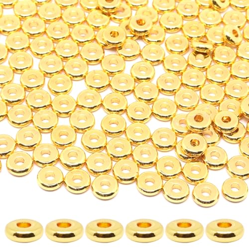 200Pcs 6mm Gold Flat Spacer Beads 18K Gold Plated Loose Beads for Jewelry Making DIY Bracelet Necklace Earring - size: 6mm