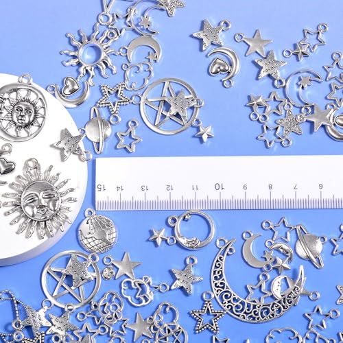 stino 100 Gram Metal Charms for Jewelry Making, Silver & Gold Plated, Bulk Pack for Bracelets, Necklaces, Crafts - color: Celestial Silver