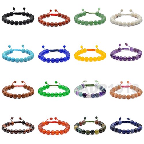 AD Beads Natural 10mm Gemstone Bracelets Healing Power Crystal Macrame Adjustable 7-9 Inch - color: Black Lava