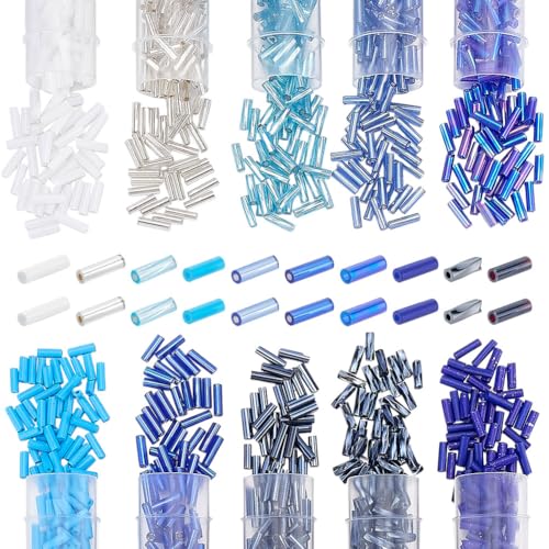 CRAFTYMELODY 40G 10 Colors Glass Bugle Beads Round Hole Long Tube Seed Screwy Bugle Bead Loose Spacer Beads Blue White Bead Bulk for Earrings Jewelry Making DIY Crafting Beading Sewing Supplies - color: Mixed Colors - Blue Predominant, size: Multi Size