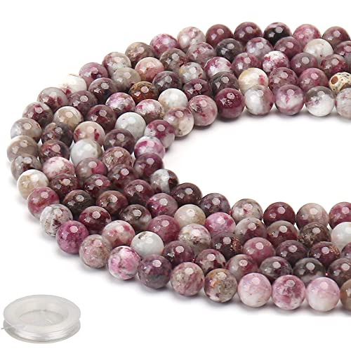 70PCS Natural 8MM Healing Gemstone, Plum Blossom Tourmaline Energy Stone Round Loose Beads, Semi-Precious Crystal Beads with Free Elastic String for Jewelry Making DIY - color: Plum Blossom Tourmaline