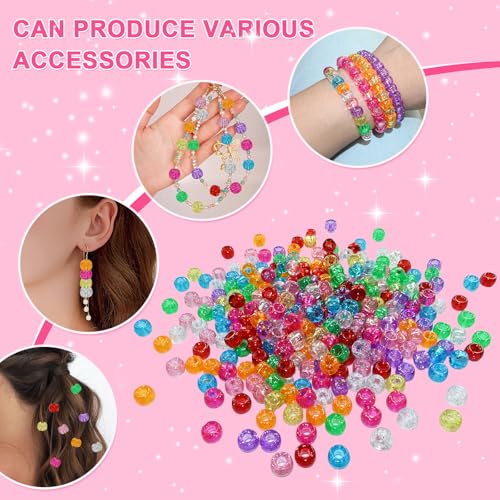 Amaney 500 Pieces Glitter Pony Beads 6x9mm Mixed Colors Transparent Plastic for Hair Braids Jewelry Making - color: Glitter