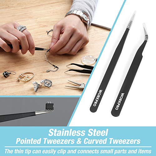 WORKPRO 5-Piece Jewelry Pliers Kit - Round Nose, Chain Nose, Wire Cutters, Pointed & Curved Tweezers, Case Included