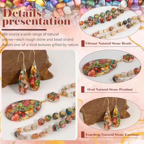 2 Pcs Boho Lapis Lazuli Jewelry Set for Women - Handmade Natural Stone Beaded Long Necklace with Oval Lapis Lazuli Pendant & Trapezoid Lapis Lazuli Earrings | Vintage Elegance | Ideal Gift for Her - style: Imperial Jasper Pendant