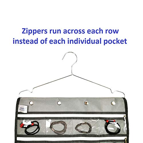 Dual Sided Hanging Jewelry Organizer with Hanger for Closet Necklace Earrings Bracelet Ring Travel Holder (56 Zippered Clear Pockets Grey)
