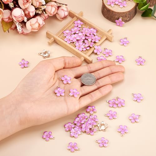 Beadthoven 100pcs Enamel Charms Cherry Blossom Daisy Flower Pendants Gold Plated Small Cute Bulk for Jewelry Making Bracelet Necklace Earrings Keychain DIY Accessories - color: 0Lilac