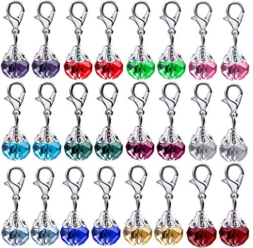 Aylifu Clip on Charms,24 Pieces Crystal Dangle Charms Pendant with Lobster Claw Clasp for Jewellery Making - 12 Colors - color: Silver