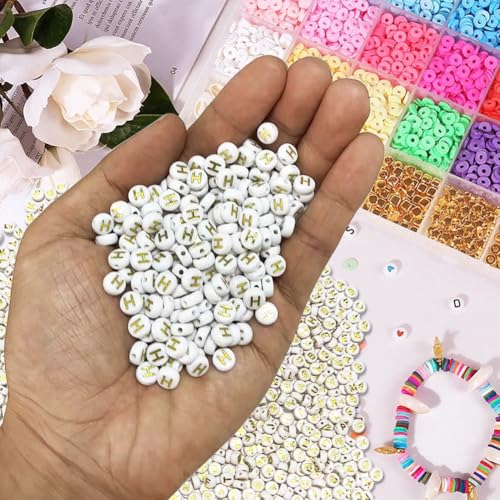 500PCS 4x7mm Acrylic Letter Beads H for Friendship Bracelets Jewelry Making, White Round Flat Acrylic with Golden Alphabet Beads for DIY Crafts Bracelets Necklaces Key Chains Phone Lanyard - color: H(Golden on White)