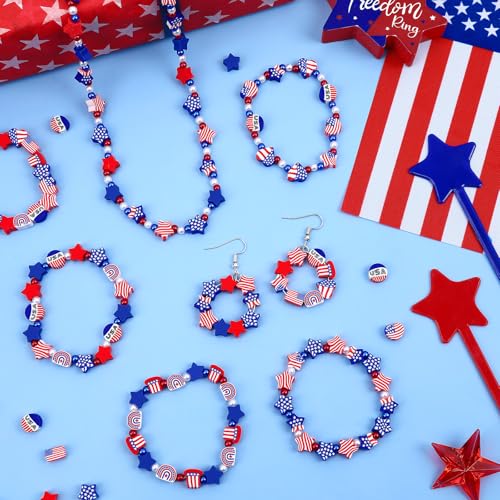4th of July Polymer Clay Beads, 300pcs Independence Day 250th Anniversary American Flag Red White Blue Spacer Beads for Jewelry Making DIY Bracelet Necklace Craft Patriotic Party Supplies - color: Red White Blue B