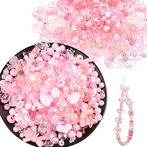 150g(170~230pcs) Aesthetic Acrylic Assorted Beads Cute Beads for Jewelry Making Kawaii Flower Heart Star Butterfly Bow Round Beads Bulk for Bracelets Making Necklaces DIY Crafts (Pink) - color: 150g-Pink