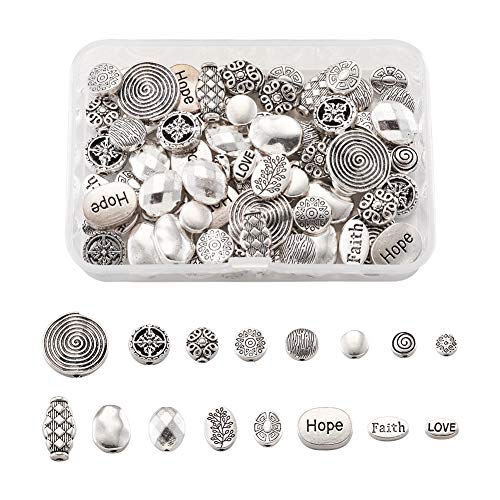 Beadthoven 80pcs/Box Tibetan Style Flat Round Oval Spacers Beads 16style Antique Silver Hope Faith Love Disc Coin Beads for Bracelet Necklace Jewelry Making Supplies - color: Antique Silver-RoundOval-16styles