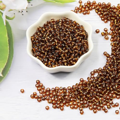 Transparent Light Brown with Silver Lined Beads Size 6/0 Crafts Glass Seed Beads 4mm for Jewelry Making (Total About 100g About 1200pcs) - color: Transparent Light Brown with Silver Lined, size: 4mm