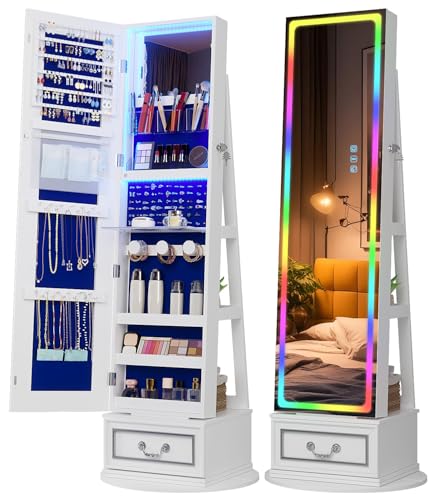 Vlsrka LED Mirror Jewelry Cabinet with Lights, Lockable Full Length Mirror with Storage, Standing Jewelry Armoire Organizer with Touch Screen&RGB Modes for Small Bedroom Spaces, Gift for Women, White - color: RGB- White
