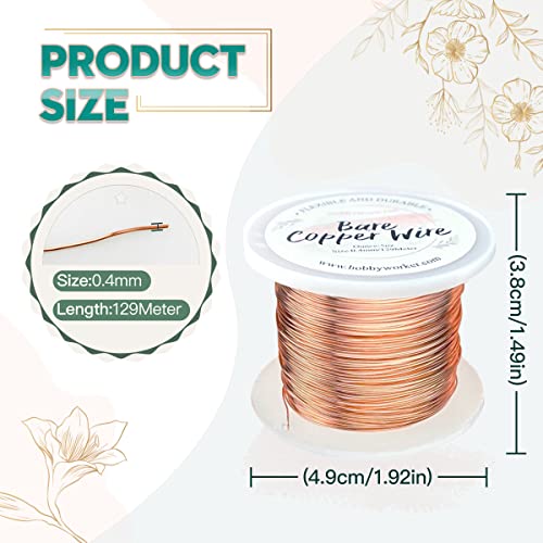 Hobbyworker 26 Gauge Bare Copper Wire 423FT/0.4mm Beading Craft Wire for Jewelry Making - size: 26 Gauge