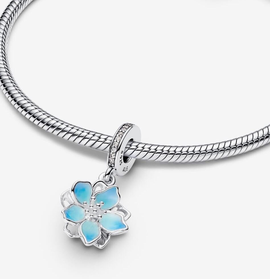 925 Sterling Silver Charms for Bracelets Gold Love and Heart Charms Cherry Blossom Dangle Beads Jewelry for Women - color: Blue Cherry Blossom