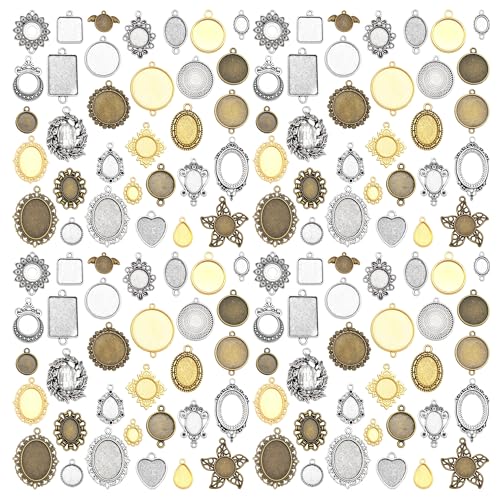 Assorted 60 Pieces Mini Size Blank Bezel Pendant Trays Antique Bronze Silver Golden 0.4-1.6 inches Alloy Cameo Setting for DIY Jewelry Making