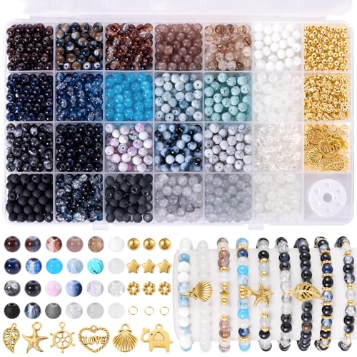 Funtopia Glass Beads for Jewelry Making, 1377pcs Neutral Tones Bracelet Making Kit, 24 Colors 6mm Round Glass Beads, Marble Loose Beads and Gold Spacer Beads, DIY Crafts Gifts for Women Men - color: #8 Neutral, size: 6mm