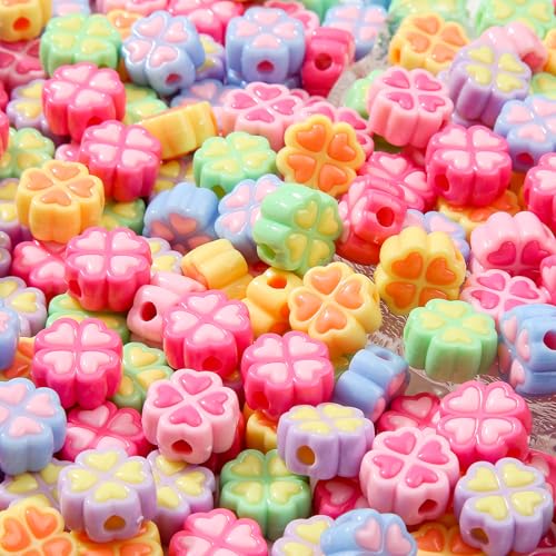 150pcs Acrylic Clover Beads Colorful Flower Beads Rainbow Clover Beads for Jewelry Making Handmade DIY Bracelet, Charms Keychain Craft Supplies (Rainbow Clover) - color: rainbow Clover