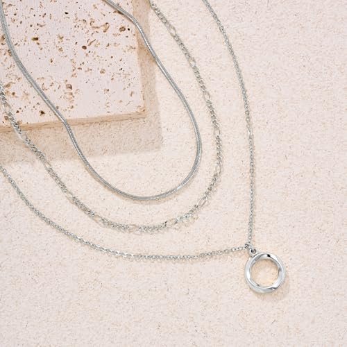 LANE WOODS Gold Plated Necklaces for Women - Multilayer Coin Medallion Pendant Necklace Adjustable Layering Choker Necklaces Chain Set Jewelry - style: Circle-Silver