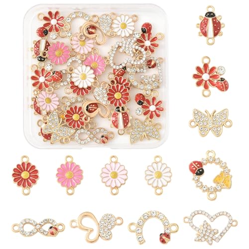 Assorted Metal Connectors Pendants Charms for Jewelry Making with Double Loops Flower Evil Eyes Butterfly Heart Cross Links Golden Pendants for Necklaces Bracelets Earrings - color: FlowerA - 30Pcs
