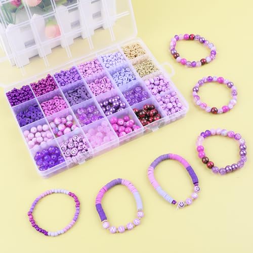 Purple Beads for Jewelry Making,3500pcs Clay Beads,Purple Friendship Bracelet Making Kit DIY Craft Set with 3mm Seed Bead,8mm Glass Bead - color: 24 Color-B