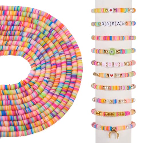 Elecrelive 10 Strands Colorful Flat Round Disc Clay Beads 6mm Polymer Clay Chip Heishi Beads Jelly Color for Bracelet Chocker Necklace Earring DIY Crafts - color: Colorful