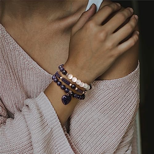 Vinswet Healing Crystal Beaded Bracelets for Women,Natural Amethyst Gemstones Bracelet,Anxiety Stress Relief Heart Charm Bracelet Handmade purple Jewelry Gifts for Women - color: Blue Sandstone&Moonstone