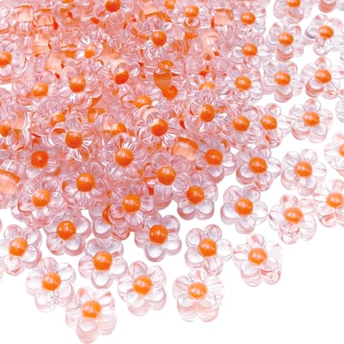 150Pcs Acrylic Flower Beads Candy Color Transparent Plastic Pastel Spacer Beads with Hole for DIY Crafts Wind Chimes Suncatcher Necklaces Bracelets Earrings Jewelry Making(Orange) - color: Orange