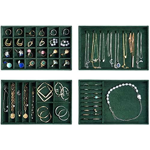 ProCase Stackable Jewelry Organizer Trays for Drawers, Jewelry Drawer Inserts Container Display Case Storage for Earring Necklace Rings Bracelet with Removable Dividers -Green, 4 Layers - color: Green, size: 4 Layers