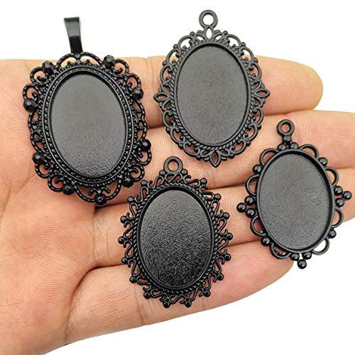 All 32pcs(16 Sets) 18x25mm Enamel Black Oval Blank Bezel Pendant Trays Base Cabochon Settings Trays Pendant Blanks for Jewelry Making DIY Findings (M181) - color: Black 18x25mm