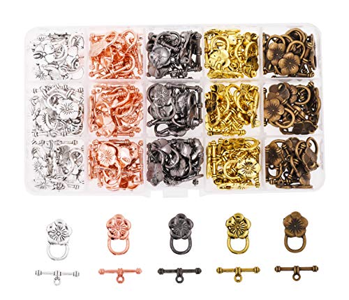 Mandala Crafts 120 Flower Toggle Clasps, Assorted T-Bar Jewelry Findings & Closures – Metal Fastener Hooks for DIY Necklace & Bracelet Making