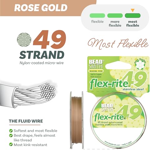 The Beadsmith Flex-Rite Beading Wire - 49-Strand Nylon-Coated Stainless-Steel Wire, 0.018" (0.45 mm) Dia, Rose Gold, 30 ft Spool, Durable Necklace & Bracelet String, for Jewelry Making Supplies - color: Rose Gold, size: .018” Dia - 30 ft