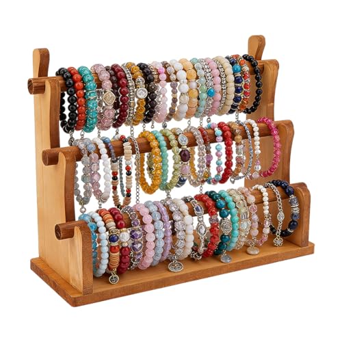 DICOSMETIC 3-Tier Jewelry Bracelet Display Stand Wooden Bracelet Holder Wood Organizer Storage for Bracelets Bangles Scrunchies Jewelry Organizer Display for Home Vendors Store, 33x12.5x26cm - color: Sandy Brown
