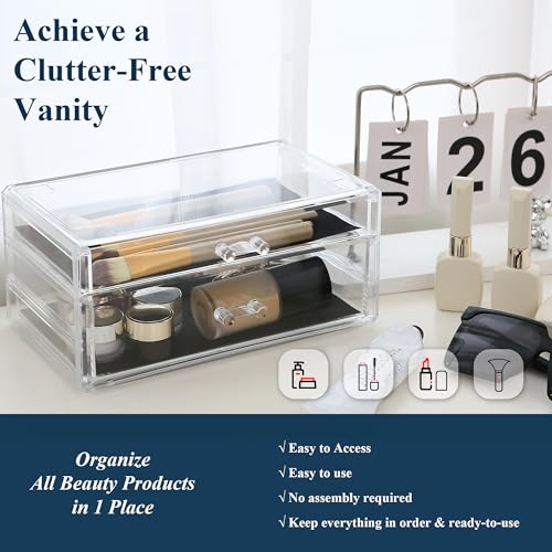 Sea Team Clear Makeup Organizer with Drawers, Acrylic Plastic Cosmetic Display Case, Jewelry Storage Box, Holder for Dresser, Bathroom, Vanity, Countertop (1 Large, 1 Middle Drawers) - size: 1 Large, 1 Middle Drawers