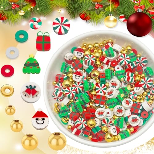 ZSFLZS Gold Beads Christmas Polymer Clay Beads Bracelet Making Kit, Round Spacer Bead 3/4/6/8mm 4 Size Smooth Ball Christmas Bead for Jewelry MakeDIY Bracelet, Necklace, Earring Making - color: Gold+ soft beads