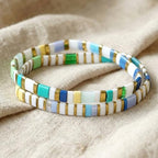 Tila Flat Beaded Bracelet for Women,Bohemian Colorful Stretch Square Glass Bead Elastic Layred Bracelet Stack, Handmade Boho Trendy Holiday Jewelry Accessories Friendship Gift - color: White Green