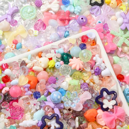 500g Acrylic Assorted Beads Flower Star Butterfly Candy Acrylic Kawaii Beads for Keychain Bracelets Jewelry Making DIY Plastic Crafts (Mix) - color: pink&purple&blue