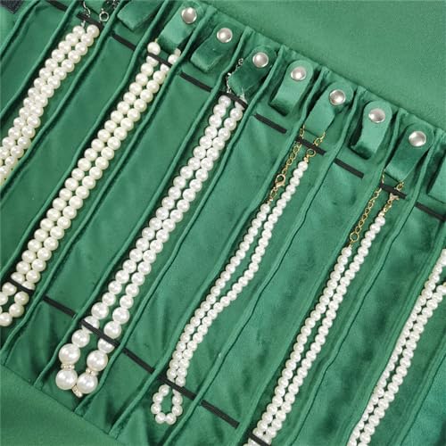 Portable Jewelry Roll Untangled Secure Necklace Travel Storage Bag Displays Holder 16 Chain (gray PU and green) - color: gray PU and green