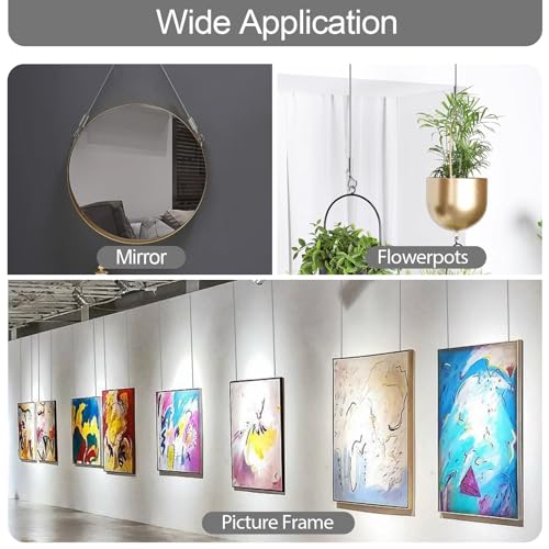 Adjustable Picture Hanging Wire, Upgrade Mirror Frame Hanging Kit, 6.6FT Heavy Duty Stainless Steel Wire Rope, Supports Up to 100lbs (Silver, 4PC-6.6FT) - size: 4PC-6.6FT