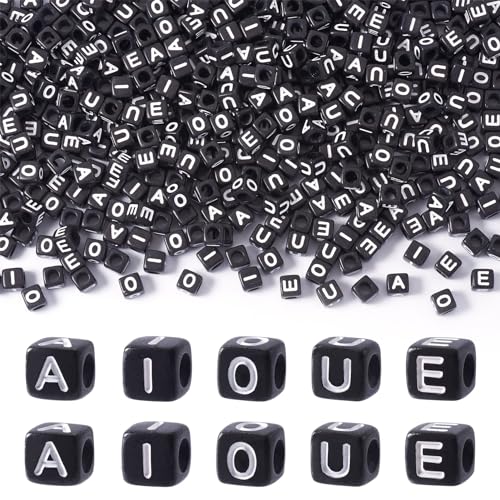 FASHEWELRY 500Pcs Square Vowel Letter Beads 6mm Black Friendship Bracelet Letter Beads A/E/I/O/U Acrylic Cube Initial Alphabet Beads for Necklace Earring Jewelry Making - color: 6mm Vowel Letters