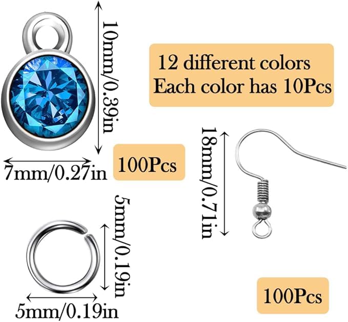 BetterJonny 120 Pieces Crystal Birthstone Charms Beads, 12 Colors Round Crystal Charm with Rings Handmade Jewelry Pendants for Jewelry Necklace Bracelet Earring Making - color: （#B）Silver Round