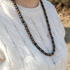 Natural Stone Beaded Necklace 8mm Tiger Eye Black Obsidian and Hematite Buddha bead lucky necklace 26 Inches, Black and Brown Men and women necklaces fift - color: Tiger eye stone with hematite