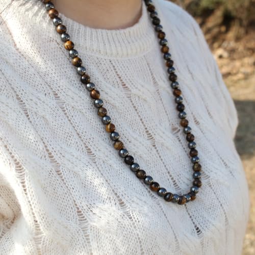 Natural Stone Beaded Necklace 8mm Tiger Eye Black Obsidian and Hematite Buddha bead lucky necklace 26 Inches, Black and Brown Men and women necklaces fift - color: Tiger eye stone with hematite