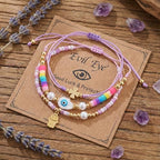 Evil Eye Heart Charm Stackable String Rope Colorful Beaded Bracelets Set For Women, Boho Handmade Adjustable Protection Lucky Gold Jewelry, Daily Party Friendship Gift - color: Purple Pink
