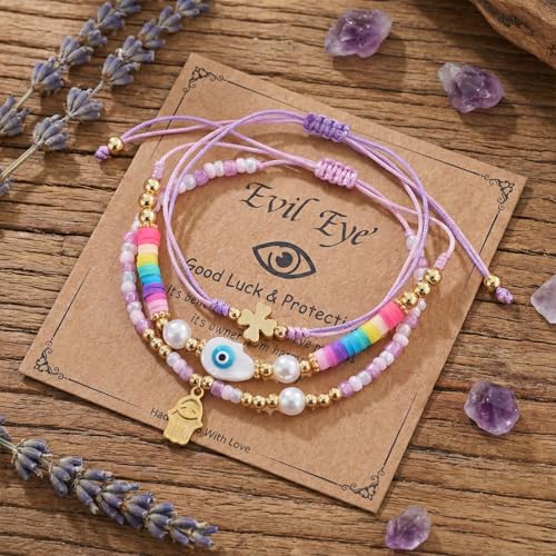 Evil Eye Heart Charm Stackable String Rope Colorful Beaded Bracelets Set For Women, Boho Handmade Adjustable Protection Lucky Gold Jewelry, Daily Party Friendship Gift - color: Purple Pink