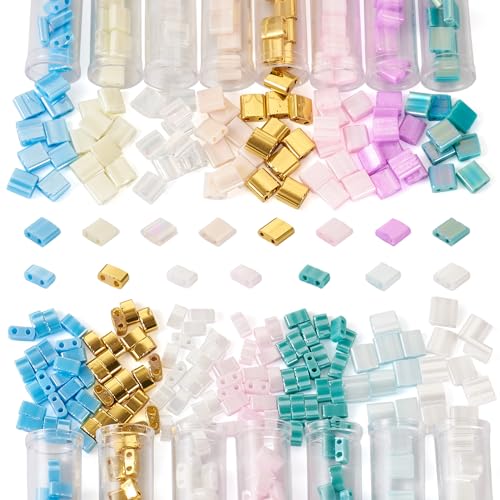Pandahall 395Pcs Opaque Tila 2-Hole Glass Seed Beads Sets - Flat Rectangular Square Loose Spacer Beads 2 Sizes 15 Colors for Jewelry Making - color: Mix 15 Colors - 395pcs
