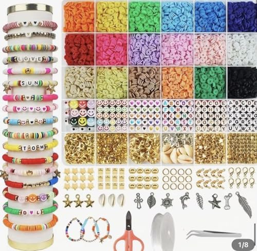 DIY Clay Bead Bracelet Making Kit, Colorful Flat Heishi Beads with Letter, Smiley Face Beads, Charms, Elastic String and Tools for Jewelry Making