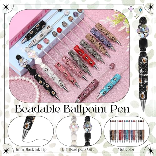 Tondiamo 45 Pcs Full Rhinestone Beadable Pens Bulk Set 15 Glitter Diamond Pens with Cards & Bags Fancy Beaded Pen for Beads DIY Cute Journalling Bling Ballpoint Craft Making(Leopard Print Diamonds) - style: Leopard Print Diamonds